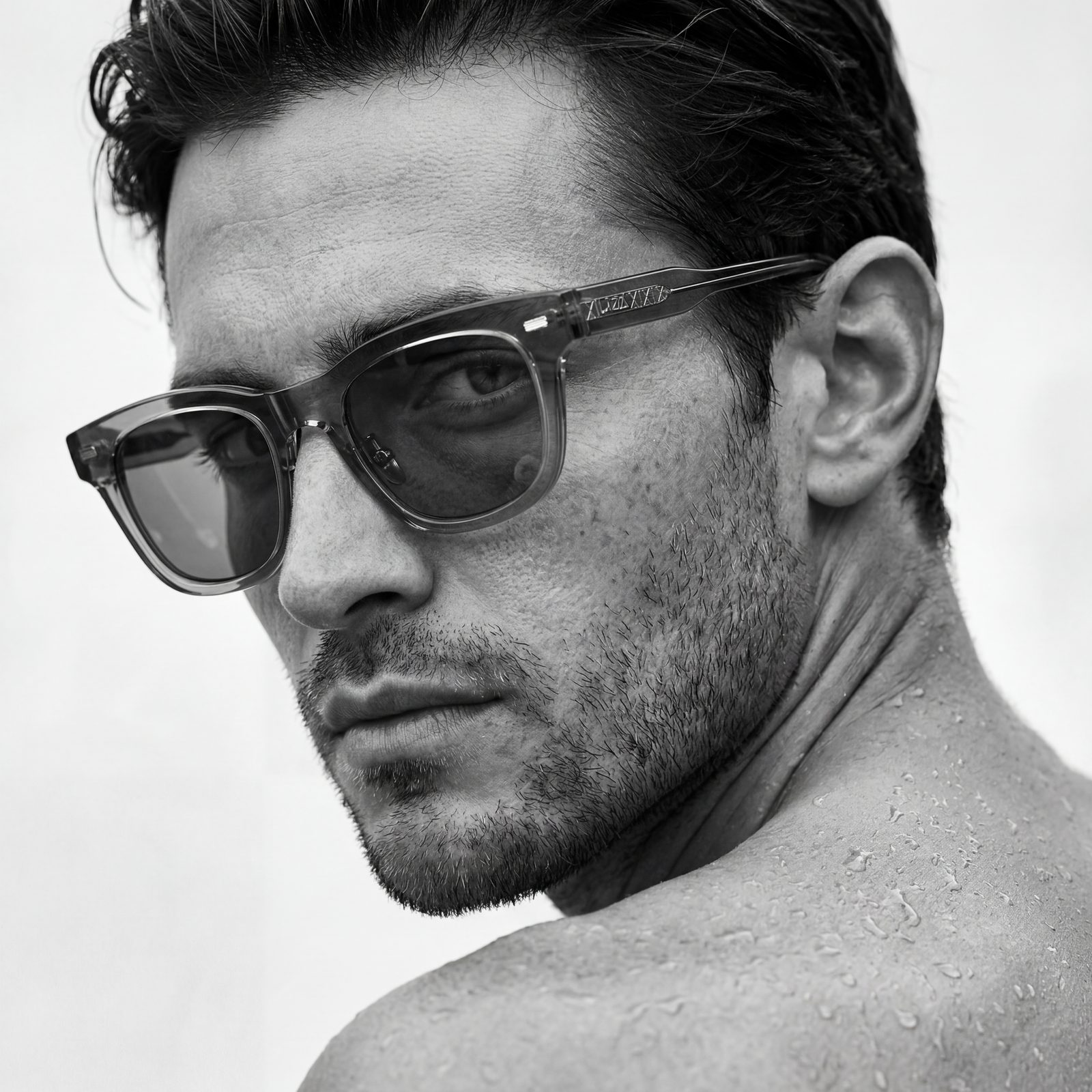 Black-and-white portrait of a man wearing Lazell sunglasses