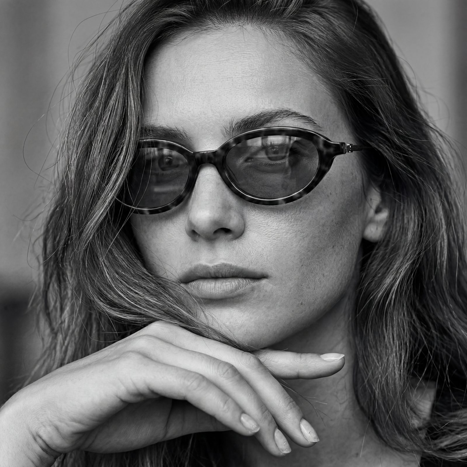 Black-and-white portrait of a woman wearing Lazell sunglasses