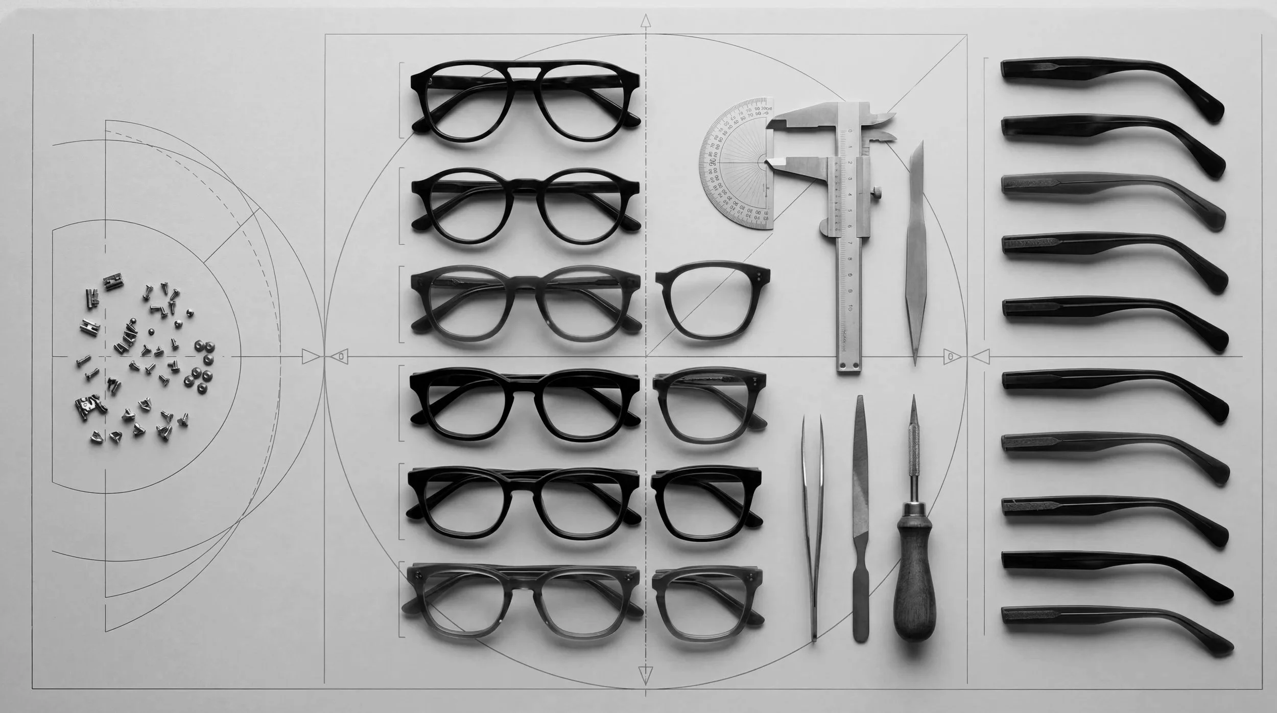 Lazell frame components arranged on a workbench